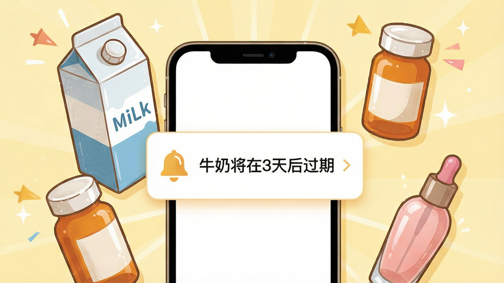 头峰APP物品到期提醒功能展示图,画面中央为手机屏幕,屏幕上显示一条到期提醒通知,通知内容为“牛奶将在3天后过期”,手机周围环绕着牛奶盒、药瓶和化妆品瓶,布局采用中心放射状构图,风格为温馨生活化插画,细节上通知卡片带有铃铛图标,物品表面有高光质感,画质清晰干净,无多余元素,背景为浅黄色。