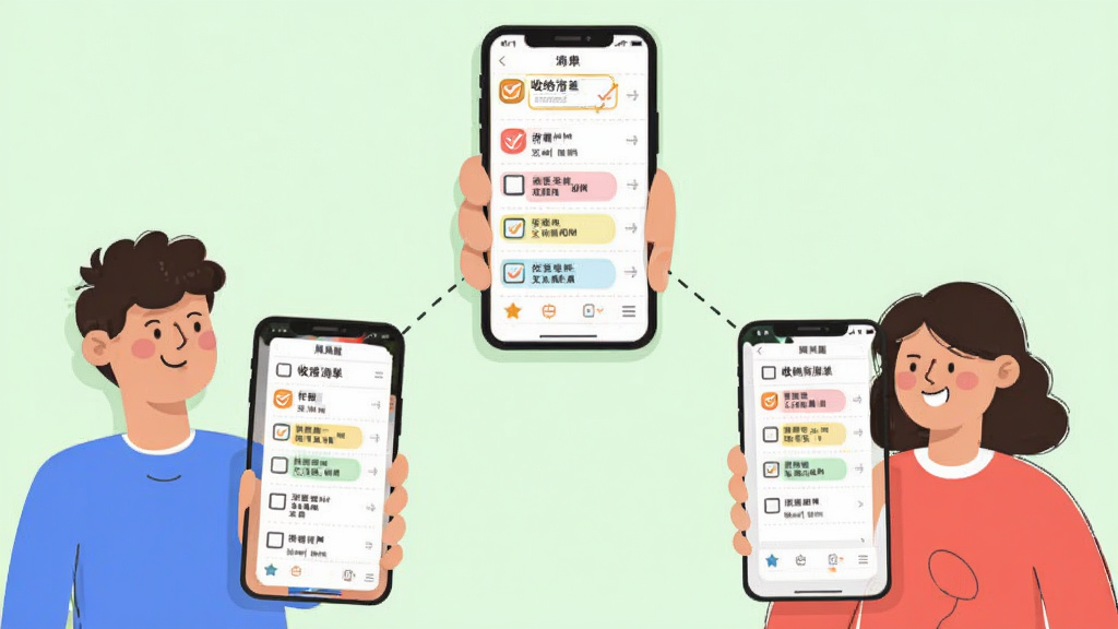 头峰APP家庭共享协作功能示意图,画面展示三个人物形象分别拿着手机,手机屏幕之间用虚线连接,屏幕上显示相同的收纳清单和任务勾选界面,布局采用三角形构图,风格为扁平化人物插画,细节上人物表情愉悦,手机界面有彩色任务标签,画质清晰干净,无多余元素,背景为淡绿色。