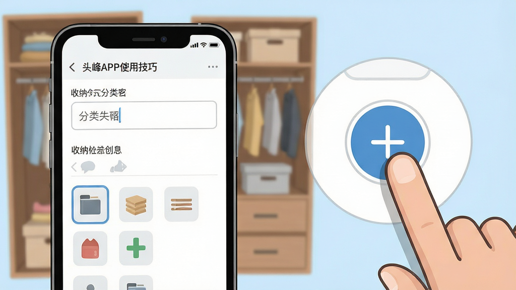 头峰APP使用技巧示意图,画面展示一部手机屏幕中显示收纳分类创建界面,旁边有手指点击加号按钮的动作特写,背景中隐约可见衣柜和收纳盒,布局采用左侧手机右侧手指动作的拼接构图,风格为简洁教程插画,细节上手机界面有分类名称输入框和图标选择器,画质清晰干净,无多余元素,背景为浅蓝色。
