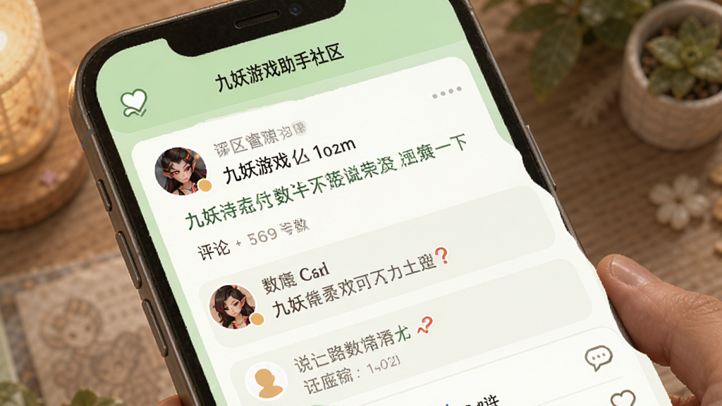 九妖游戏助手社区界面,手机屏幕内展示九妖游戏助手的社区讨论页,页面中有用户头像、帖子标题、评论互动区域,背景为浅绿色,风格温馨,细节丰富,画质清晰,干净无多余元素