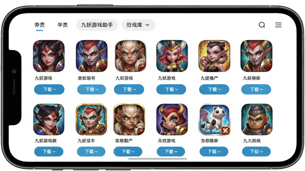 九妖游戏助手游戏库界面,画面展示手机屏幕内九妖游戏助手的游戏列表页,多款游戏图标整齐排列,每款游戏下方显示名称与下载按钮,顶部有分类筛选标签,背景为白色,风格清新简约,细节清晰,画质干净,无多余元素
