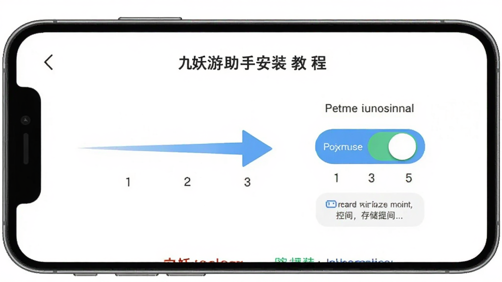 九妖游戏助手安装教程示意图,画面展示手机屏幕内九妖游戏助手的安装引导页面,页面中有步骤指示箭头、权限开关按钮和存储空间提示,背景为白色,风格简洁明了,细节清晰,画质干净,无多余元素