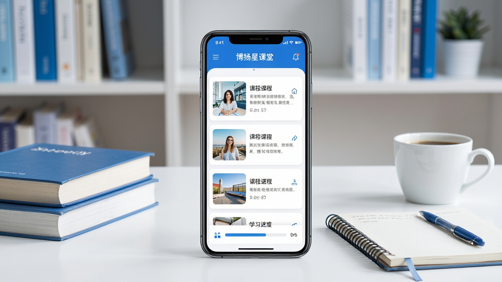 博扬星课堂在线学习平台主界面展示,画面中央放置一部智能手机,手机屏幕上显示课程列表与学习进度条,背景为整洁的书桌与书架,整体色调以蓝色和白色为主,风格简洁明快,细节包括课本、笔记本与一杯咖啡,画质清晰,干净无多余元素