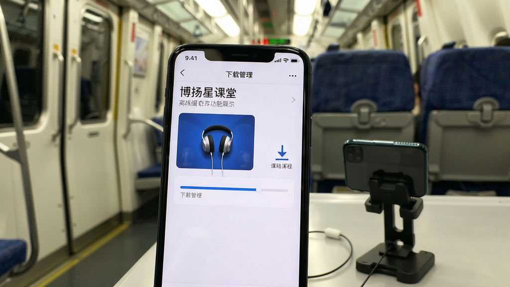 博扬星课堂离线缓存功能展示,手机屏幕显示下载管理界面,课程旁边有下载箭头与进度条,背景为地铁车厢或飞机客舱场景,风格生活化,细节包括耳机与手机支架,画质清晰,干净无多余元素