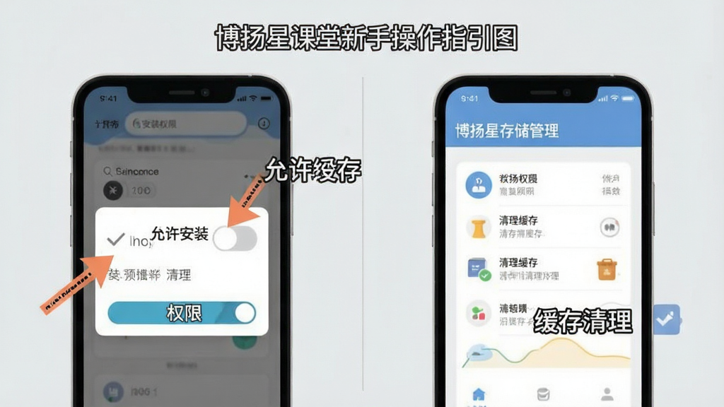 博扬星课堂新手操作指引图,画面展示手机屏幕中安装权限设置与缓存清理界面的对比,左侧为权限开关,右侧为存储管理,背景为浅灰色,风格扁平化,细节包括箭头指示与文字标注“允许安装”“清理缓存”,画质清晰,干净无多余元素