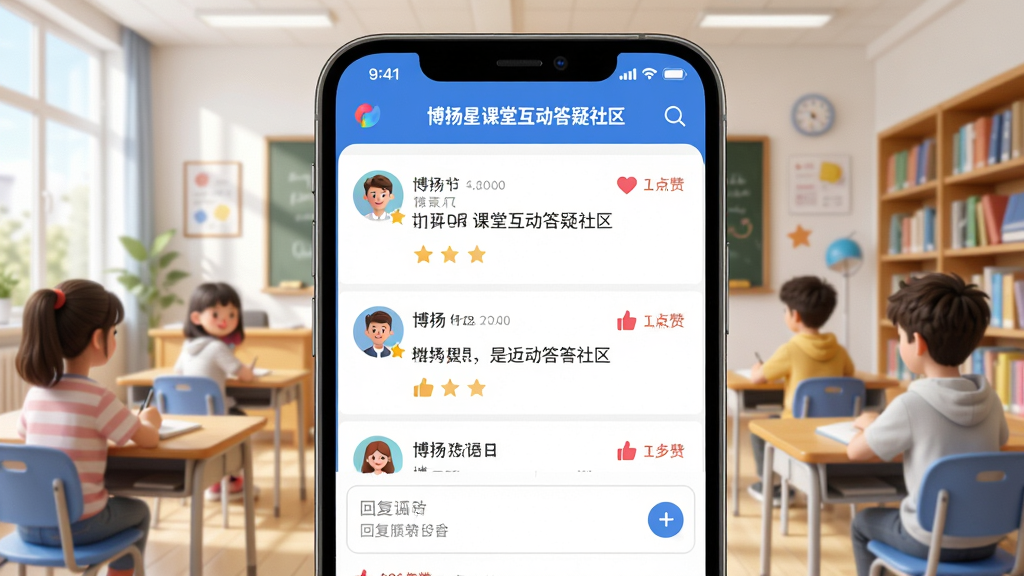 博扬星课堂互动答疑社区界面,手机屏幕显示问答帖子列表与回复框,背景为明亮的教室或图书馆,风格友好活泼,细节包括点赞图标与用户头像,画质清晰,干净无多余元素