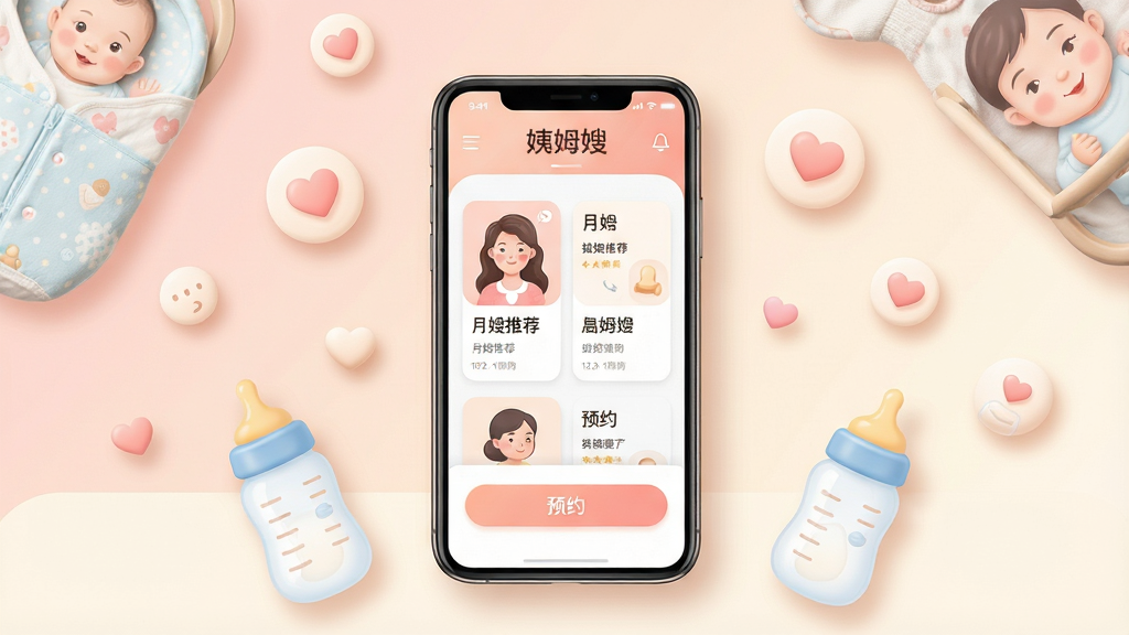 一幅展示“姨姆嫂”手机应用界面的场景图,画面中央是一部智能手机,屏幕上清晰显示“姨姆嫂”应用首页,包含月嫂推荐卡片和预约按钮,手机周围环绕着婴儿用品、奶瓶和柔和的心形图标,背景为温暖的浅粉色和米白色渐变,整体布局居中对称,风格温馨现代,细节包括圆角图标和柔和的阴影,画质高清,干净,无多余元素