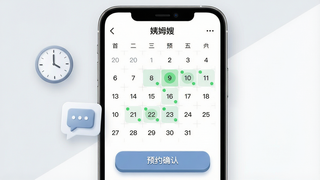 “姨姆嫂”应用中的在线预约日历界面图,画面中央为手机屏幕,显示月历视图,部分日期标注为可预约状态并带有绿色圆点,屏幕下方有预约确认按钮,背景为浅灰色与白色,画面左侧漂浮着时钟和对话气泡图标,整体风格简约商务,布局清晰,细节包括日期高亮和按钮立体感,画质高清,干净,无多余元素