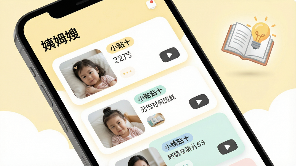 “姨姆嫂”应用中的育儿知识页面图,手机屏幕显示图文并茂的育儿文章列表,配有小贴士标签和视频播放按钮,背景为柔和的浅黄色与白色,画面右上角漂浮着打开的书本和灯泡图标,整体风格清新浅色,布局采用卡片式排列,细节包括圆角图片和柔和色块,画质高清,干净,无多余元素
