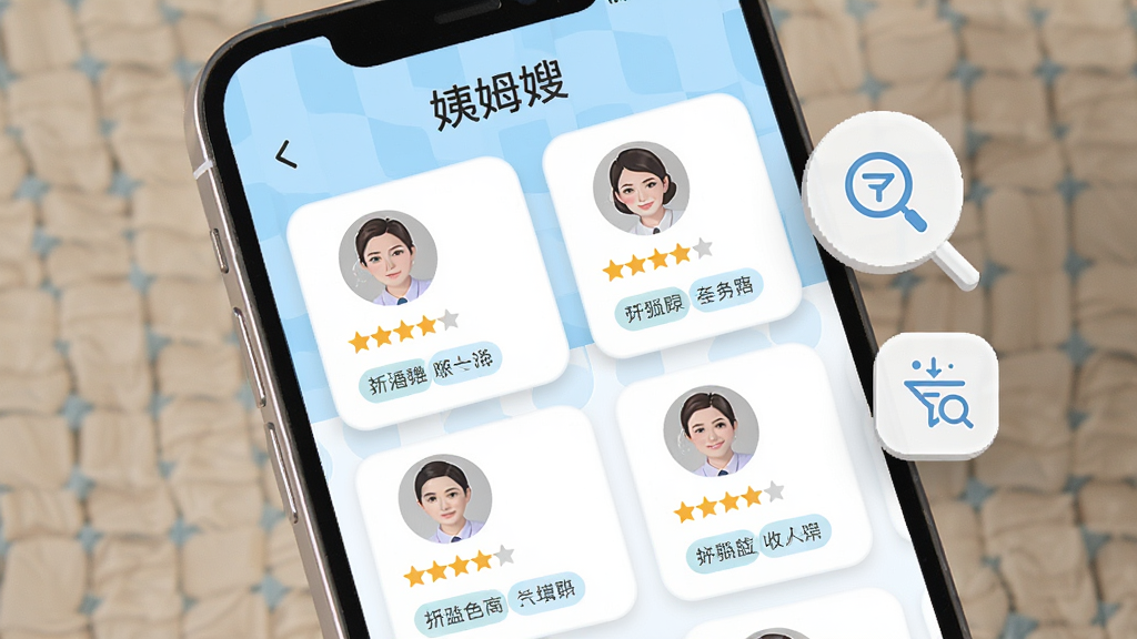 一款名为“姨姆嫂”的手机应用界面展示图,画面中手机屏幕呈现护理人员列表页面,每个服务者卡片上带有头像、星级评分和擅长标签,背景为淡蓝色与白色拼接,画面右侧漂浮着放大镜和筛选图标,整体风格清爽简洁,布局采用网格排列,细节包括圆角卡片和柔和投影,画质高清,干净,无多余元素