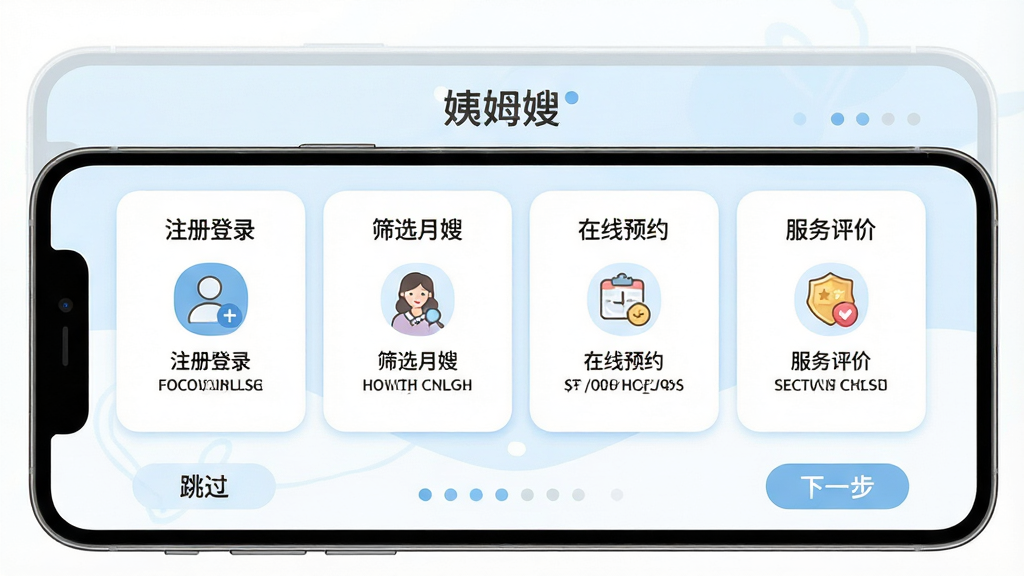 “姨姆嫂”应用的新手引导界面图,手机屏幕显示四个步骤的引导页,分别标注“注册登录”“筛选月嫂”“在线预约”“服务评价”,每个步骤配有小图标和简短说明文字,背景为柔和的浅蓝色与白色,画面底部有跳过和下一步按钮,整体风格清新浅色,布局为横向滑动卡片,细节包括圆角图标和进度指示点,画质高清,干净,无多余元素