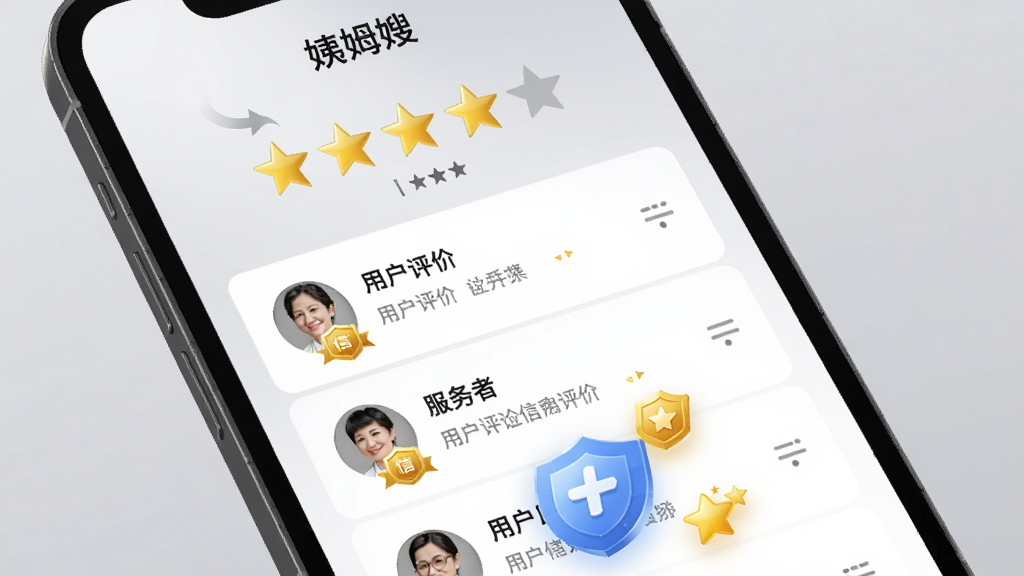 “姨姆嫂”应用中的评价与信用页面图,手机屏幕显示五星评分条和用户评价列表,服务者头像旁带有信用徽章,背景为浅灰色与白色渐变,画面底部漂浮着盾牌和星星图标,整体风格素雅极简,布局采用上下结构,细节包括评分动画效果和徽章光泽,画质高清,干净,无多余元素