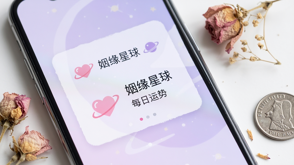 手机屏幕特写,显示“姻缘星球”每日运势卡片,卡片上有粉色爱心图标和简洁文字,背景是淡紫色渐变,手机旁散落几朵小干花和一枚硬币,整体风格清新素雅,布局简洁,画质清晰,无多余杂物