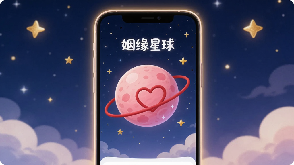 画面中央放置一部智能手机,屏幕显示“姻缘星球”应用主界面,界面中有粉色星球和红线缠绕的爱心图案,背景是深蓝色星空,四周点缀金色小星星和淡淡的云彩,整体布局居中对称,风格温馨梦幻,细节上手机边缘有柔和光晕,画质清晰干净,无多余元素