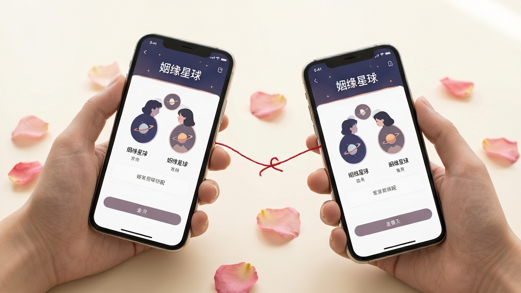 两只手各持一部手机,屏幕分别显示“姻缘星球”匹配页面,中间有一根红色丝线将两部手机轻轻连接,背景是柔和的米白色,桌面有少量花瓣装饰,风格简约温馨,细节清晰,画质干净