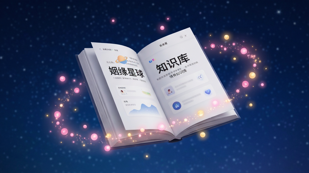 一本打开的电子书悬浮在空中,书页上显示“姻缘星球”情感知识库界面,周围环绕粉色和金色的光点,背景是深蓝色夜空,风格梦幻安静,布局居中,画质细腻,无多余元素