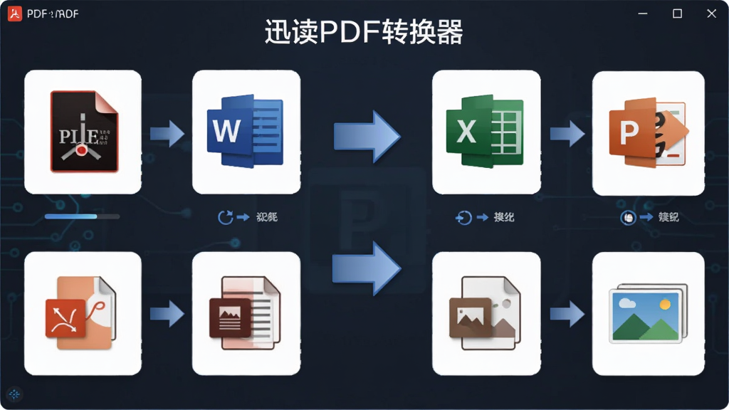 一张展示迅读PDF转换器多格式转换功能的图片,主体为软件界面中PDF文件向Word、Excel、PPT、图片等格式转换的示意图,布局为中央展示转换箭头和格式图标,排版对称,风格为科技办公风,细节包括不同格式的图标和转换进度标识,画质清晰,干净,无多余元素