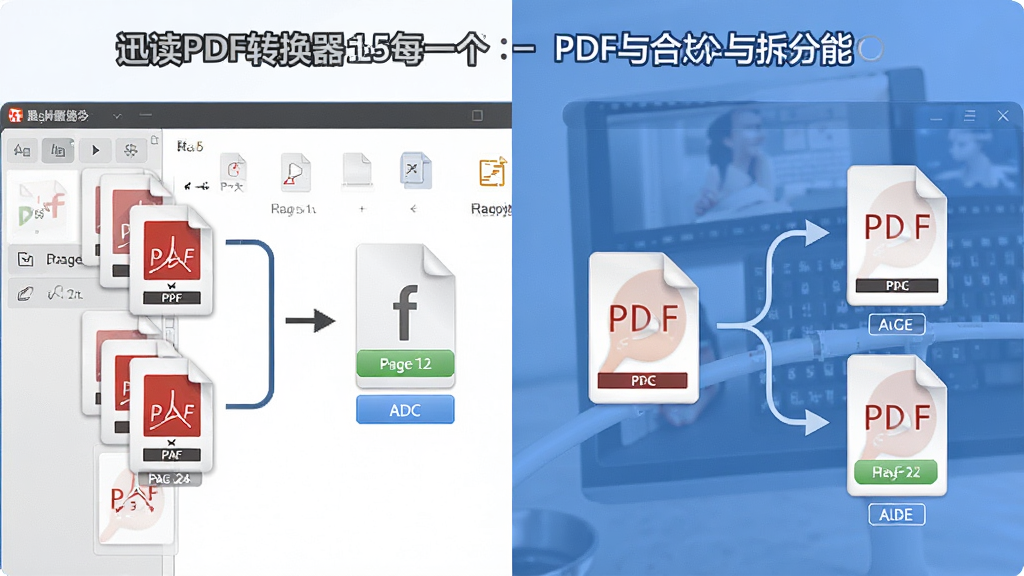 一张展示迅读PDF转换器PDF合并与拆分功能的图片,主体为软件界面中多个PDF文件合并为一个文件以及一个PDF文件拆分为多个文件的示意图,布局为左右对比,排版清晰,风格为办公工具风,细节包括文件图标、页码标识和操作按钮,画质清晰,干净,无多余元素