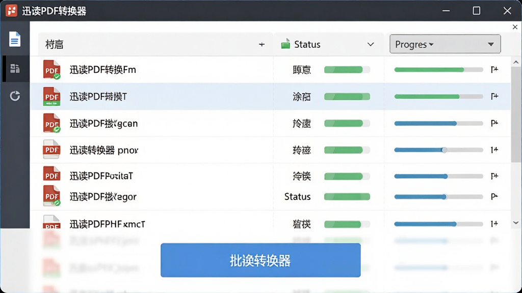 一张展示迅读PDF转换器批量处理功能的图片,主体为软件界面中多个PDF文件列表和批量转换按钮,布局为上下结构,上方为文件列表,下方为操作按钮,排版紧凑,风格为商务简约风,细节包括文件名称、状态栏和进度指示,画质清晰,干净,无多余元素