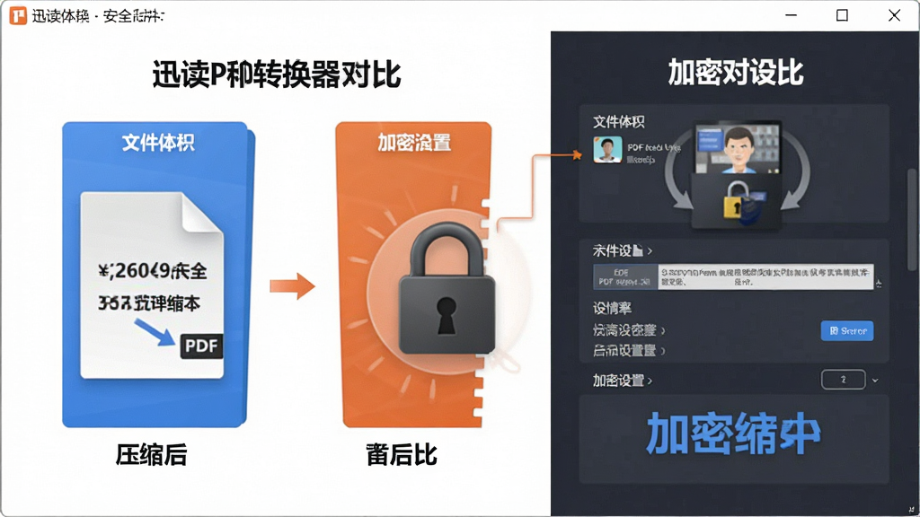 一张展示迅读PDF转换器PDF压缩与加密功能的图片,主体为软件界面中文件体积缩小的对比示意图和密码锁图标,布局为左右结构,左侧为压缩前后对比,右侧为加密设置,排版简洁,风格为安全办公风,细节包括文件大小数值、锁形图标和设置选项,画质清晰,干净,无多余元素