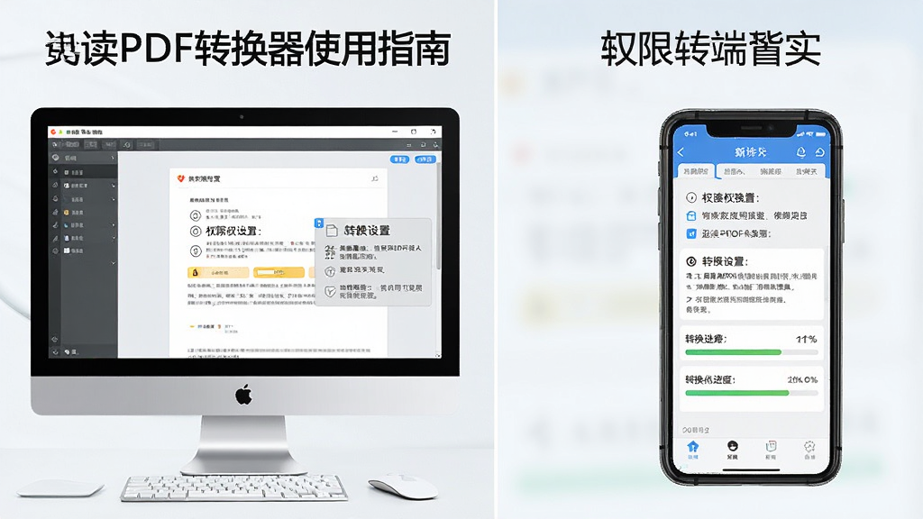一张展示迅读PDF转换器使用指南的图片,主体为电脑和手机双端操作界面对比,布局为左右分栏,左侧为电脑端软件界面,右侧为手机端应用界面,排版清晰,风格为教程指引风,细节包括操作步骤序号、权限设置提示和转换进度条,画质清晰,干净,无多余元素