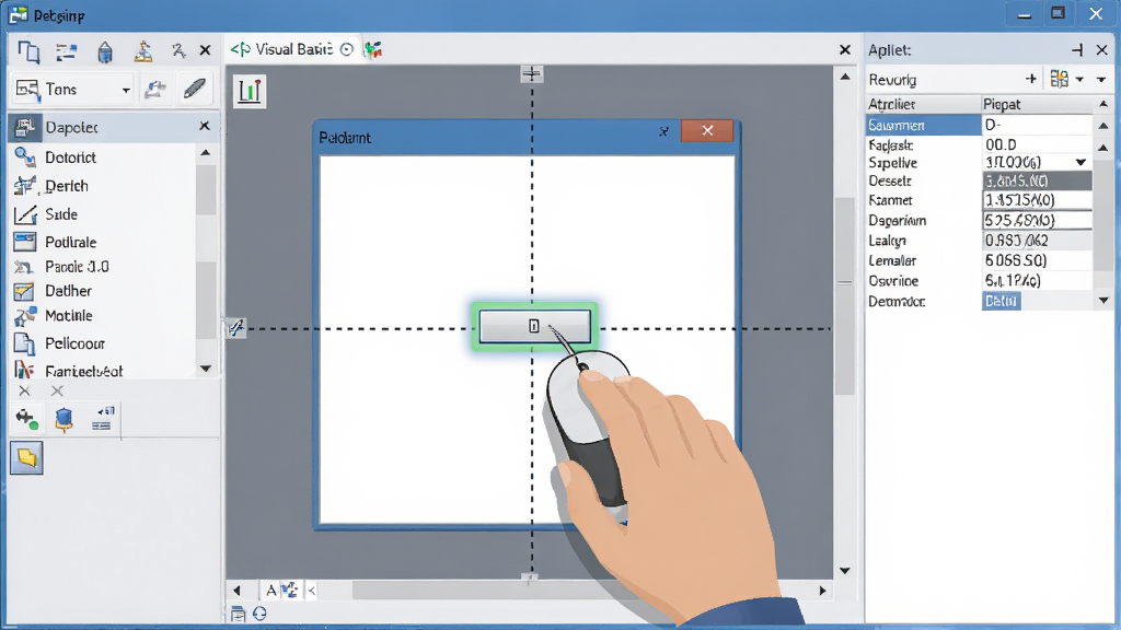 Visual Basic 可视化窗体设计功能特写,主体为一只手持鼠标正在将按钮控件从工具箱拖拽到窗体设计器中,布局为左侧工具箱、中央窗体、右侧属性面板,风格为现代扁平插画风,细节包含控件高亮、虚线对齐辅助线、属性列表数值变化,画质高清,干净,无多余元素