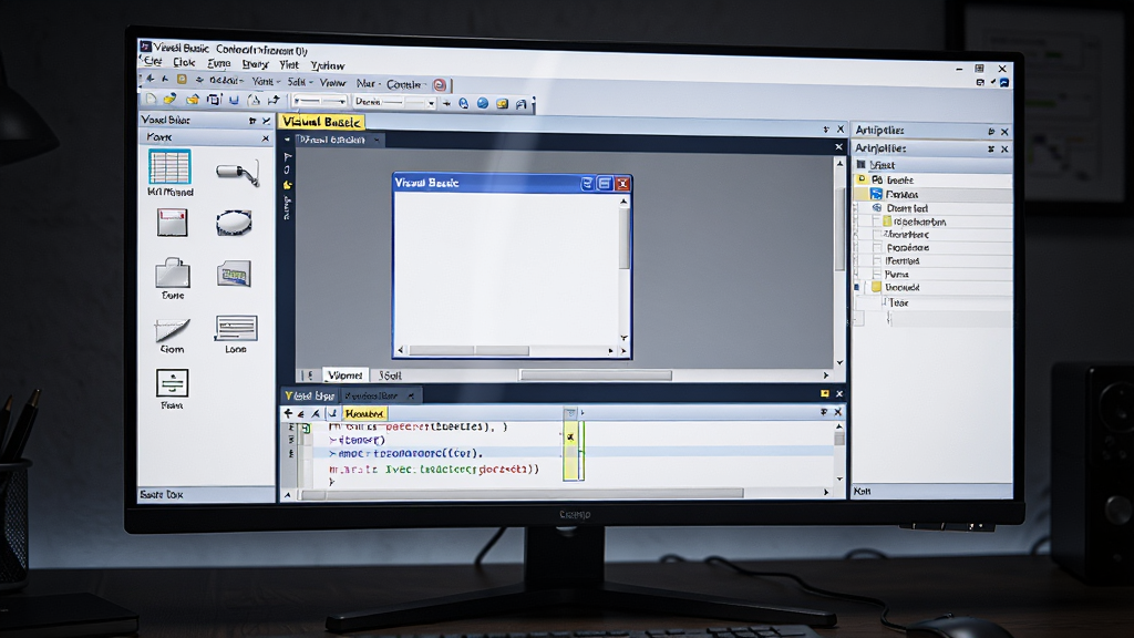 Visual Basic 软件主界面全景展示,主体为一块宽屏显示器,屏幕中呈现Visual Basic集成开发环境的标准布局,左侧为工具箱面板,中间为窗体设计器,右侧为属性窗口,底部为代码编辑区,背景为深色办公桌面,风格为写实科技风,细节包含菜单栏、工具栏图标、控件图标、代码高亮显示,画质为高清1080P,干净整洁,无多余元素