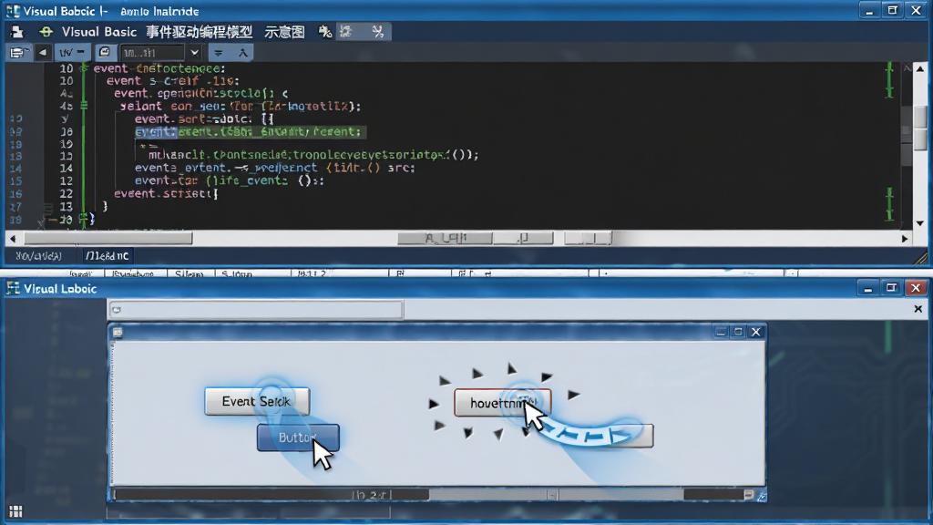 Visual Basic 事件驱动编程模型示意图,主体为代码编辑器窗口与窗体运行窗口并排显示,布局为上半部分代码段高亮展示事件过程,下半部分窗体中按钮被点击触发效果,风格为科技蓝调写实风,细节包含代码行号、语法高亮、鼠标点击动画轨迹,画质高清,干净,无多余元素