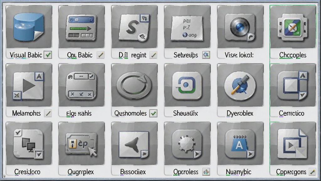 Visual Basic 内置控件与组件展示,主体为工具箱面板中排列整齐的各类控件图标,布局为网格状陈列,风格为拟物化UI设计风,细节包含每个控件的名称标签、立体质感、光影效果,画质高清,干净,无多余元素