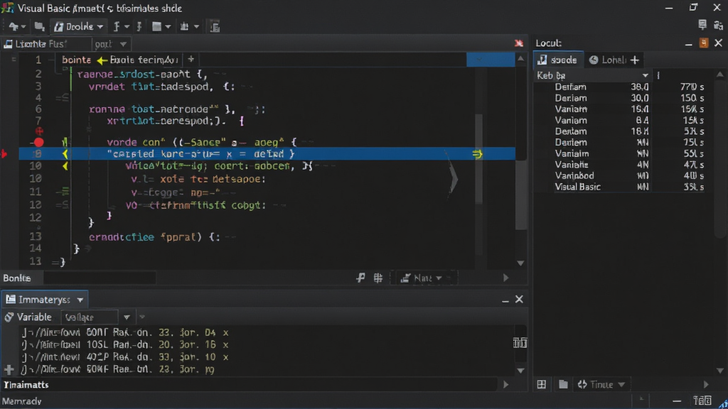 Visual Basic 调试与错误处理功能界面,主体为代码编辑器处于断点中断状态,布局为代码区高亮显示当前执行行,下方立即窗口显示变量值,右侧本地窗口列出监视变量,风格为深色主题专业开发者风格,细节包含红色断点标记、黄色箭头指示、变量数值列表,画质高清,干净,无多余元素