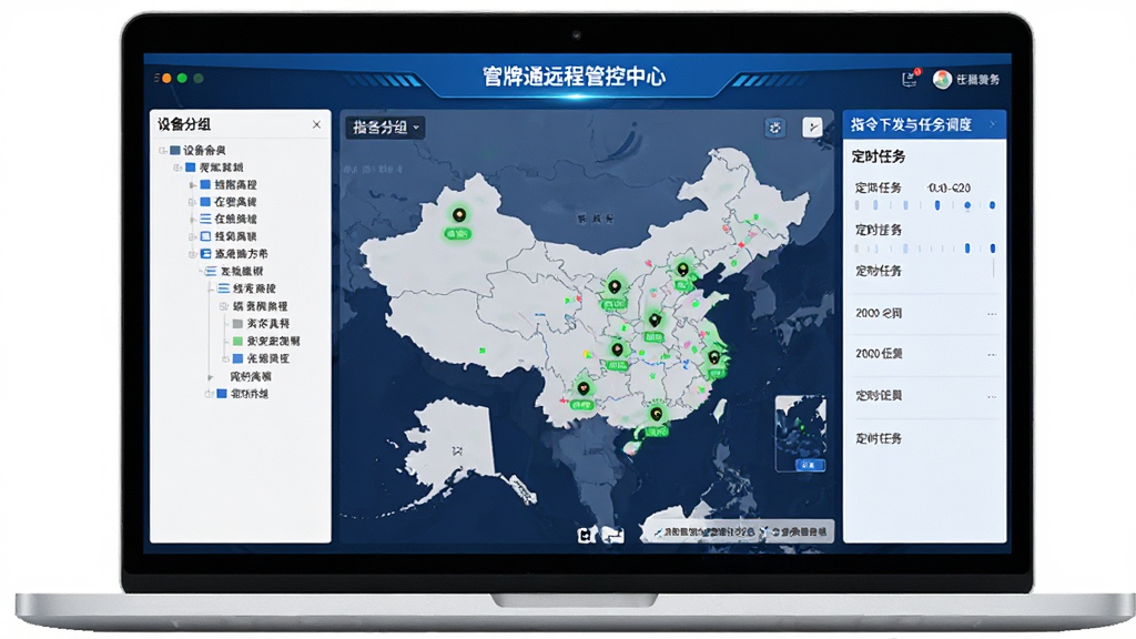 数字标牌通远程管控中心界面,主体为一台笔记本电脑显示多终端管理拓扑图,布局左侧为设备分组树形列表,中间为地图分布展示各终端在线状态,右侧为指令下发与任务调度面板,排版层次分明,风格为科技蓝调商务风,细节包含在线离线状态标识、定时任务时间轴,画质高清,干净,无多余元素
