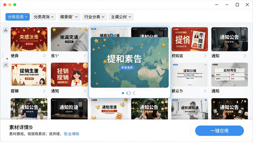 数字标牌通模板素材库界面,主体为软件窗口展示琳琅满目的行业模板缩略图网格,布局顶部为分类筛选标签,中间为模板预览大图,底部为素材详情与一键应用按钮,排版整齐美观,风格为清新明快设计感,细节包含节日主题模板、促销海报模板、通知公告模板,画质清晰,干净,无多余元素