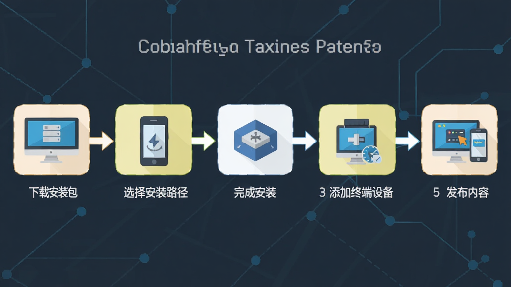 数字标牌通安装部署流程图解,主体为一张信息图展示从下载到运行的五个步骤,布局为横向流程图形式,包含下载安装包、选择安装路径、完成安装、添加终端设备、发布内容五个节点,排版清晰明了,风格为扁平化图标设计,细节包含电脑与手机图标、箭头连接线,画质高清,干净,无多余元素
