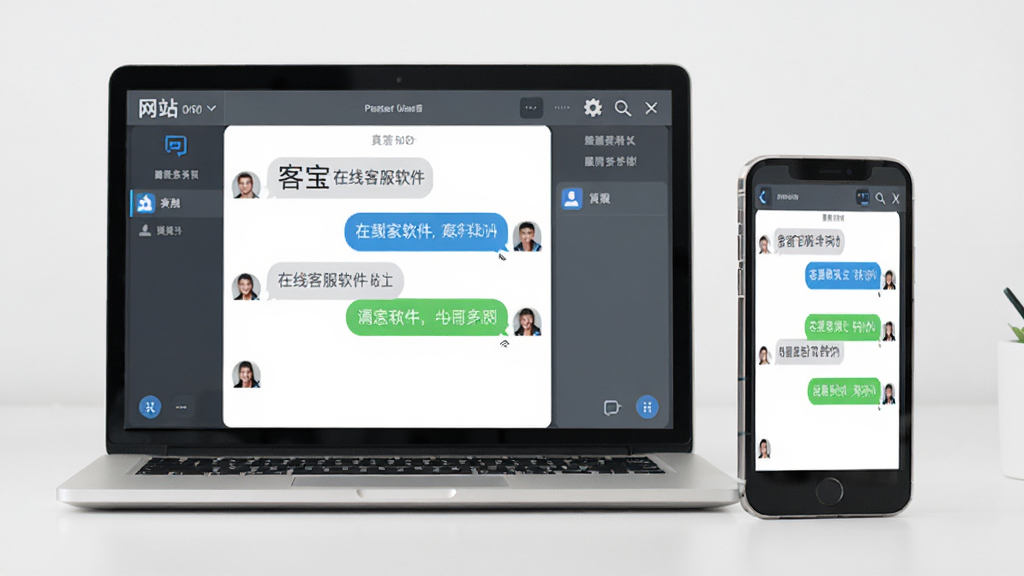 网站多客宝在线客服软件多端同步示意,画面中一台笔记本电脑与一部智能手机并排摆放,两块屏幕显示相同的聊天对话界面,风格简约现代,光线柔和,干净无多余元素,高清画质