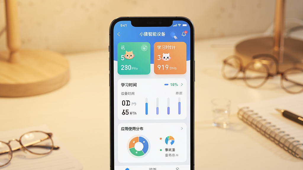 小猿智能设备应用界面整体展示图,画面中央是一部智能手机,屏幕显示小猿智能设备APP的首页仪表盘,包含设备状态卡片、学习时长统计、应用使用分布等模块。背景为干净的书桌场景,柔和的暖色调光线。风格为现代科技感UI展示,细节清晰,画质高清,画面干净无多余元素。