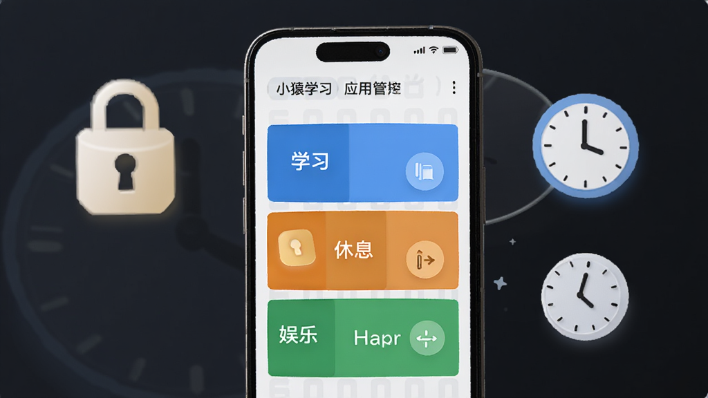 小猿智能设备应用管控时间设置界面图,画面展示手机屏幕上的时间规划表,用不同颜色区块区分学习、休息和娱乐时段。旁边有锁形图标和时钟元素点缀。风格为现代UI设计展示,排版清晰,画质干净,无多余元素。