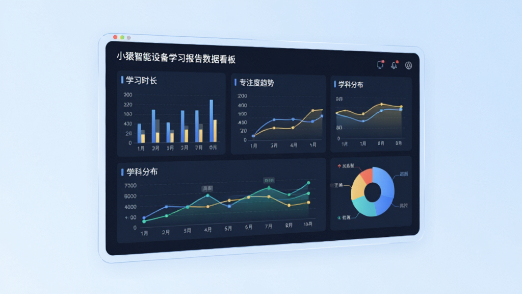 小猿智能设备学习报告数据看板预览图,画面中心是一块悬浮的虚拟屏幕,展示柱状图、折线图和饼图,分别代表学习时长、专注度趋势和学科分布。背景为淡蓝色渐变,风格简约商务,细节丰富,画质高清,画面干净整洁。