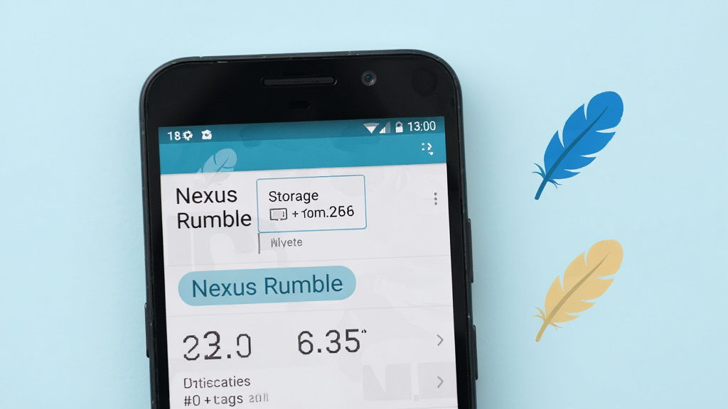 一部安卓手机显示Nexus Rumble安装器的存储占用信息页面,界面显示较小的存储占用数字,手机旁边有羽毛和轻量图标,背景为淡蓝色,布局简洁,风格清新,细节清晰,画质高清,干净,无多余元素