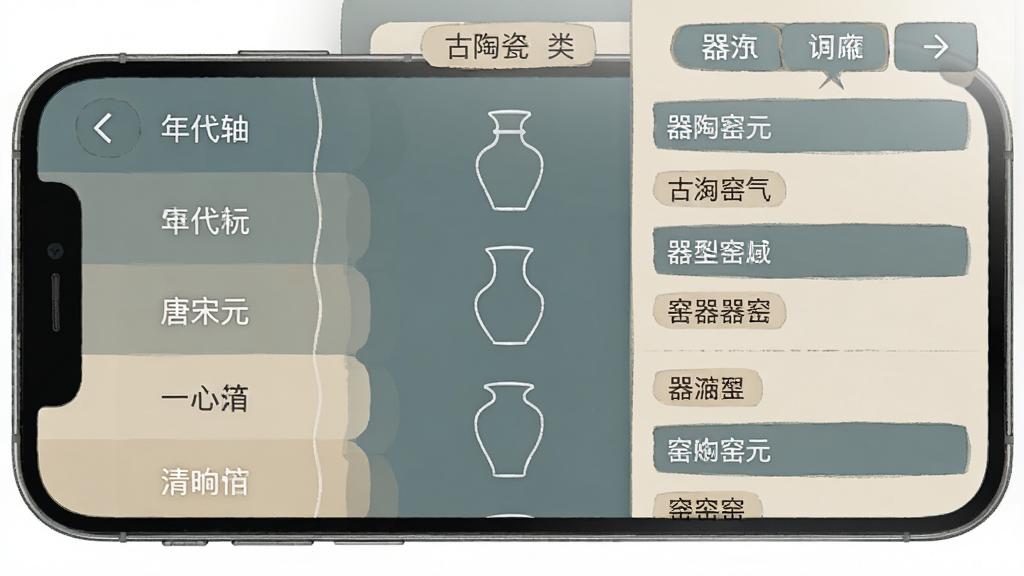 手机界面展示古陶瓷标准检索的分类导航页面,屏幕左侧是年代轴从唐宋元明清依次排列,右侧显示对应窑口列表,中间有器型轮廓图标,整体配色为青灰色与米色搭配,风格为信息图表式布局,细节包括分类标签、筛选按钮、返回箭头,画质高清,干净,无多余元素