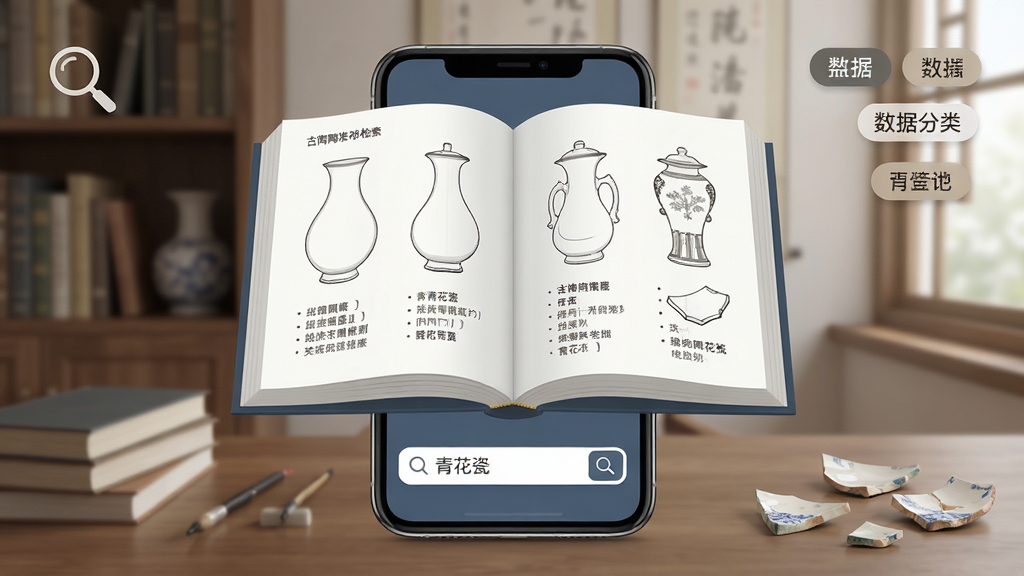 一本翻开的古陶瓷标准检索电子书悬浮在手机屏幕上方,书页中显示陶瓷器型线稿和文字标注,手机下方有搜索框显示关键词青花瓷,背景是书房场景,风格写实与扁平结合,细节包括放大镜图标、数据分类标签、陶瓷碎片装饰,画质高清,干净,无多余元素