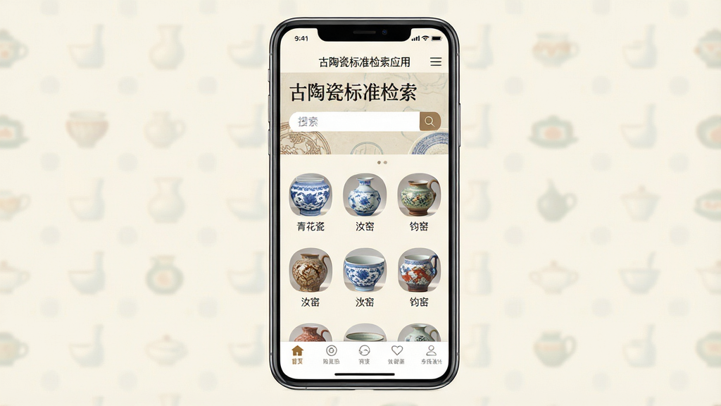 手机屏幕展示古陶瓷标准检索应用界面,画面中央是软件首页,上方显示软件名称古陶瓷标准检索,下方排列着青花瓷、汝窑、钧窑等陶瓷分类图标,背景为淡雅的米白色,整体布局简洁清晰,风格为扁平化设计,细节包括陶瓷纹理装饰元素、搜索框、底部导航栏,画质高清,干净,无多余元素