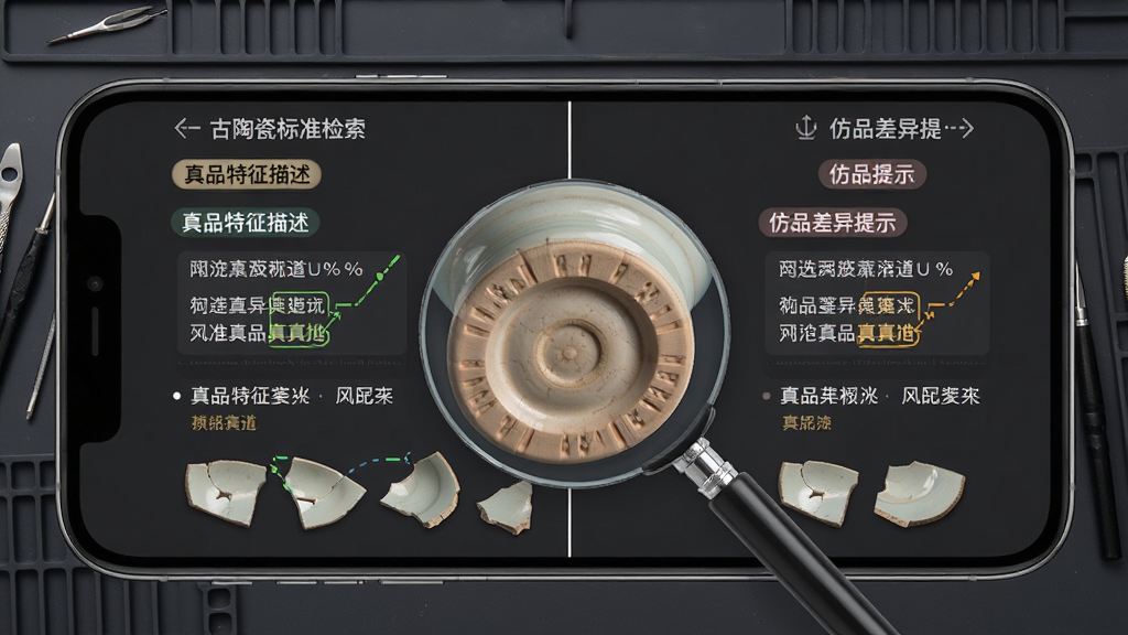手机屏幕展示古陶瓷标准检索的鉴定参考页面,画面分为左右对比布局,左侧是真品特征描述,右侧是仿品差异提示,中间有放大镜聚焦陶瓷底足细节,背景为深灰色工作台,风格为专业工具类界面,细节包括对比标签、高亮标注、陶瓷碎片样本,画质高清,干净,无多余元素