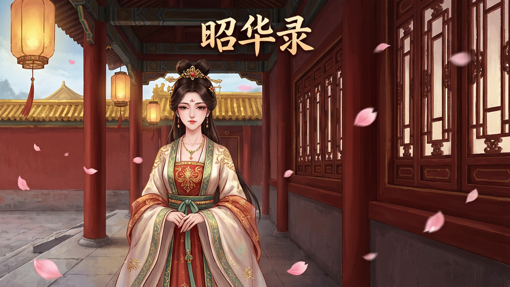 һ��չʾ�ѻ�¼�ŷ���黥����Ϸ�Ļ��棬������һλ���Ż�����װ��Ů��վ�ڹ�����У�����Ϊ�������ƫ�󡢱���Ϊ���ɫ��ǽ���ɫ���ܣ��Ű���������ֻ���Ļ���������ΪΨ���ŷ�廭��ϸ�ڰ���Ʈ��Ļ��ꡢ���ơ��񻨴��������������ɾ����޶���Ԫ�أ������д��С��ѻ�¼�������ֵı�������