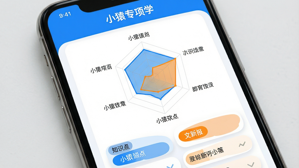 手机屏幕展示小猿专项学智能诊断报告页面,主体为一份彩色能力图谱雷达图,布局为顶部标题“小猿专项学”与下方雷达图及知识点列表,排版纵向排列,风格为教育科技类数据可视化界面,细节包括蓝色与橙色数据区块、清晰的知识点标签、圆角卡片容器,画质高清,干净,无多余元素
