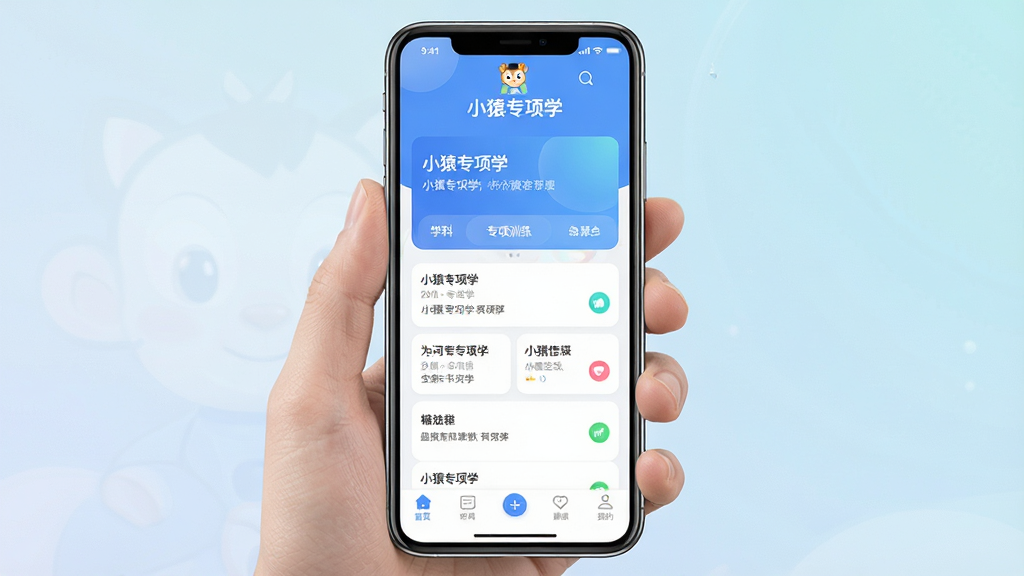 小猿专项学软件主界面全貌展示,主体为一部智能手机竖屏持握,屏幕内呈现学习APP首页布局,顶部显示“小猿专项学”文字标识,中部为学科专项训练卡片列表,底部为导航栏,布局干净整洁,排版清晰有序,风格为现代教育类APP扁平化设计,细节包括柔和渐变背景、圆角卡片、蓝色主色调,画质高清,干净,无多余元素