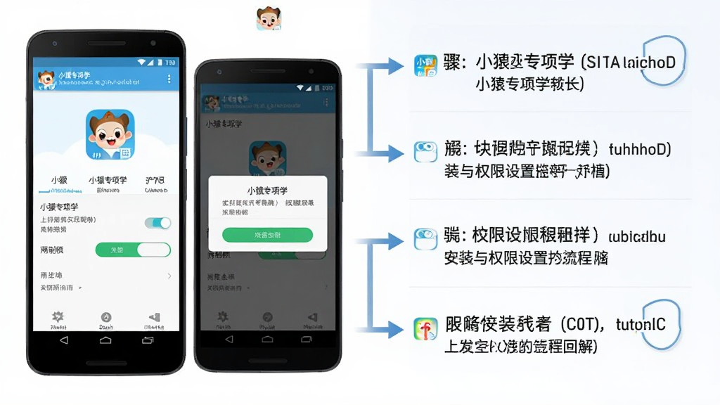 小猿专项学手机端安装与权限设置流程图解,主体为一部安卓手机展示安装界面与权限弹窗,布局为左侧手机界面、右侧步骤文字说明,排版左右分栏,风格为教程类信息图,细节包括“小猿专项学”图标、权限开关按钮、箭头引导线,画质高清,干净,无多余元素