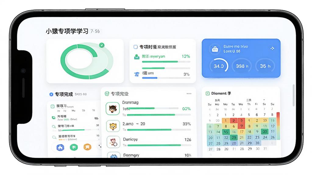 小猿专项学学习进度追踪页面,主体为手机屏幕展示学习数据仪表盘,布局为顶部周学习时长环形图与下方专项完成列表,排版模块化卡片排列,风格为教育类数据统计界面,细节包括绿色进度条、蓝色数据卡片、日历热力图,画质高清,干净,无多余元素