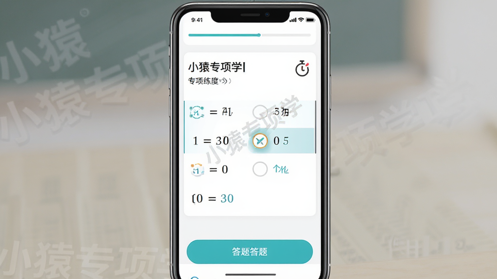 小猿专项学专项练习答题界面,主体为手机屏幕中显示一道数学选择题与四个选项,布局为顶部进度条、中部题目区域、底部答题按钮,排版简洁清晰,风格为教育类APP答题界面,细节包括“小猿专项学”水印标识、选中选项高亮效果、倒计时小图标,画质高清,干净,无多余元素