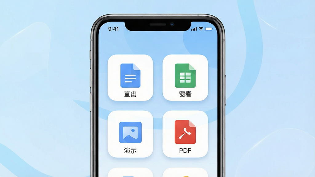一张展示当当办公软件主界面的手机UI设计图,画面中央是一部现代智能手机,屏幕内呈现当当办公应用的主页,包含文档、表格、演示、PDF四个功能模块图标,整体布局简洁清晰,背景为浅蓝色渐变,风格为扁平化商务科技风,细节包括圆角图标、柔和阴影、状态栏时间显示,画质高清干净无多余元素