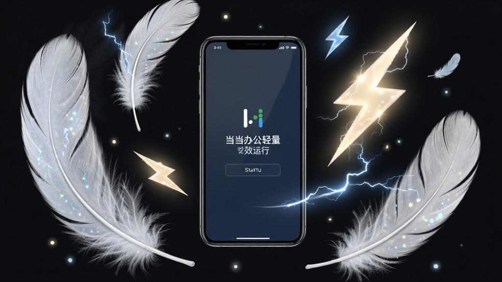 一张展示当当办公轻量高效运行特点的创意图,画面中央是一部手机,手机周围环绕着羽毛、闪电等象征轻快与速度的元素,布局为环绕式构图,风格为轻盈极简风,细节包括羽毛纹理、闪电光效、手机屏幕显示软件启动画面,画质高清干净无多余元素